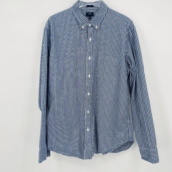 J. Crew Size XL Navy Blue White Gingham Plaid Slim Washed Button Down Shirt - Picture 1 of 6